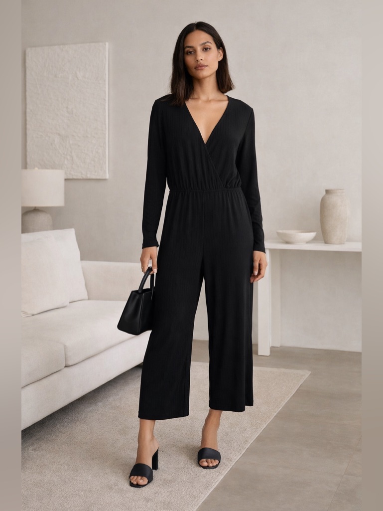 Nwt Very J Black Ribbed Surplice Jumpsuit Long Sleeve Cropped Wide Leg Sz Small